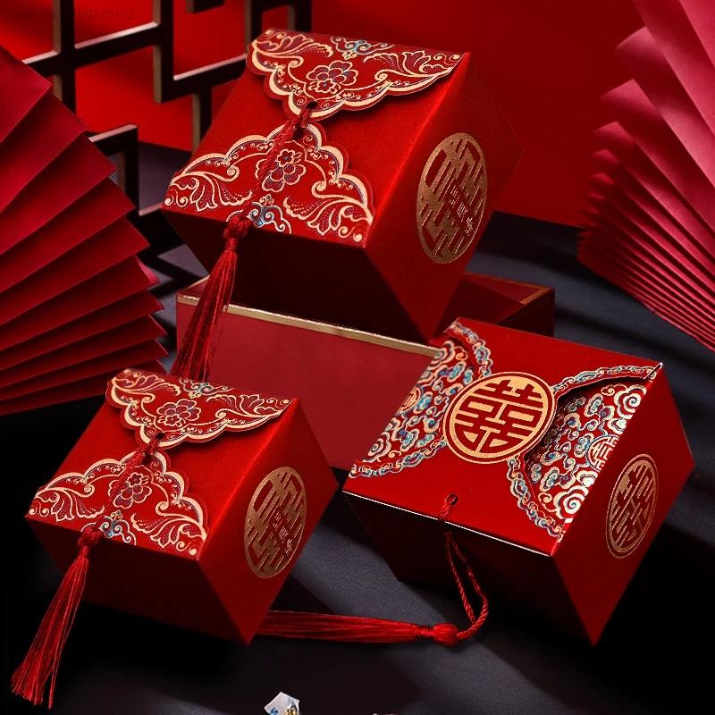 50pcs Retro Red Chinese Style Candy Boxes Wedding Gifts for Guests Mariage Paper Chocolate Packaging Box Boite Gateau Mariage