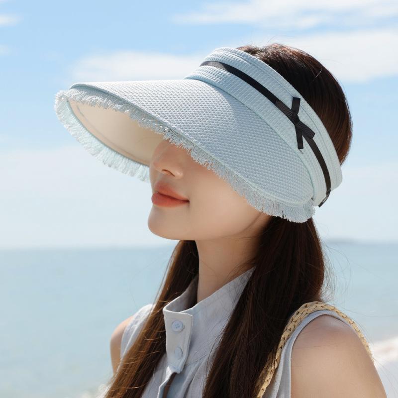 Tassel Large Brim Sun Hat Summer Outdoor Travel Sun Protection Hat Women's Plaid Bow Empty Top Hat