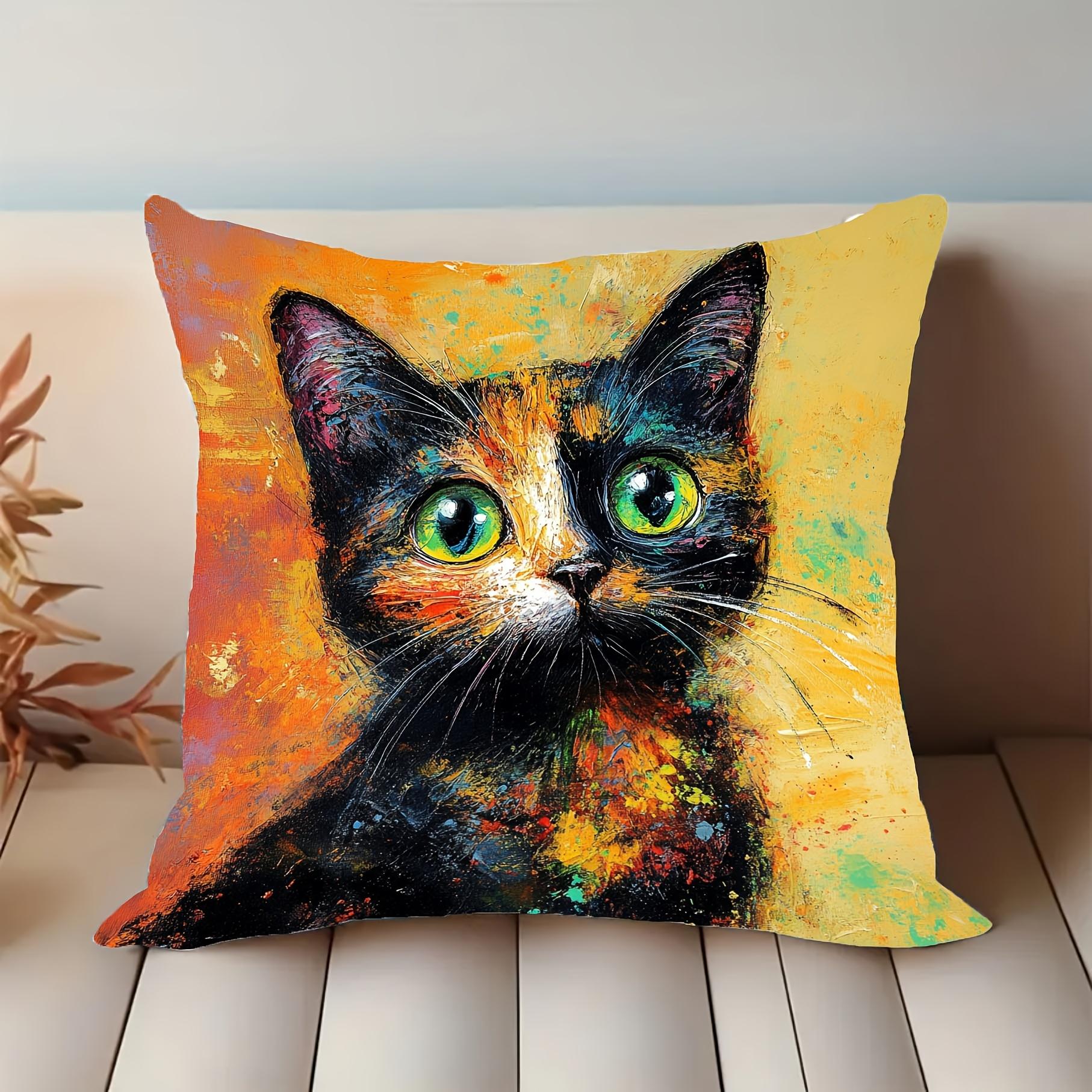Colorful Tortoiseshell Cat Throw Pillow Cover, Vibrant Oil Painting Style Art Decorative Pillow Case Peach skin 18*18(CM)-1Pcs