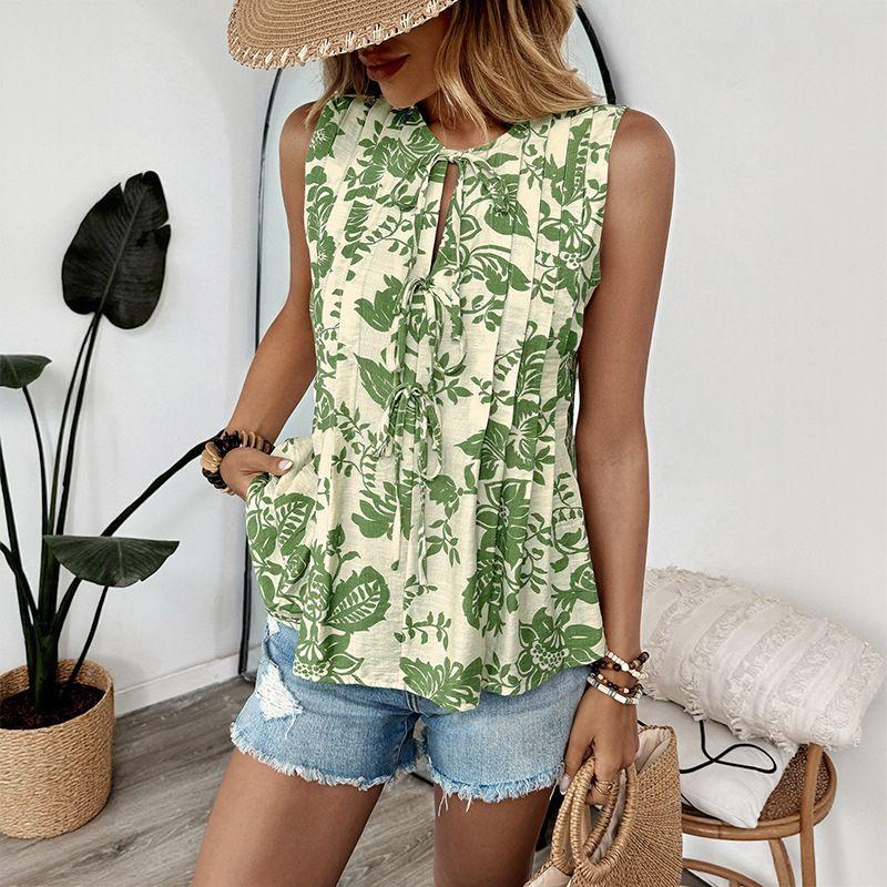 Sleeveless Shirt2025 Summer New European and American Women's Print Pleat Lace-up Sleeveless Shirts Top