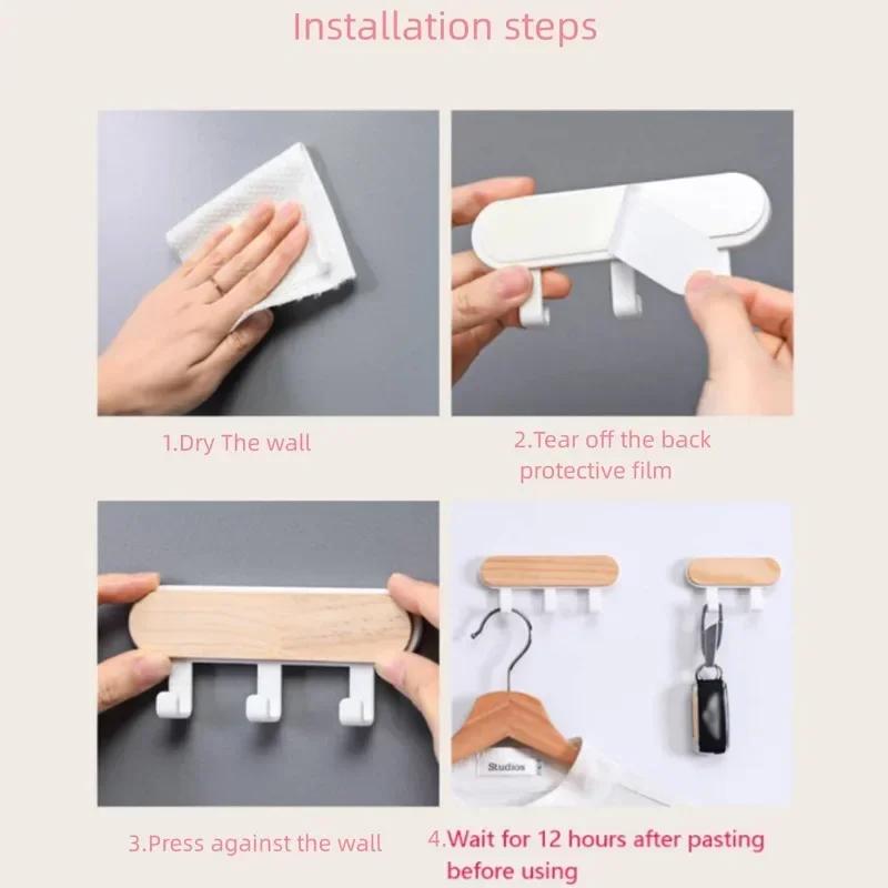 Wooden Wall Hooks Multifunctional Nail Free Self Adhesive Hook Door Wall Hangers Key Storage Hook Multi Racks Wall Hanger