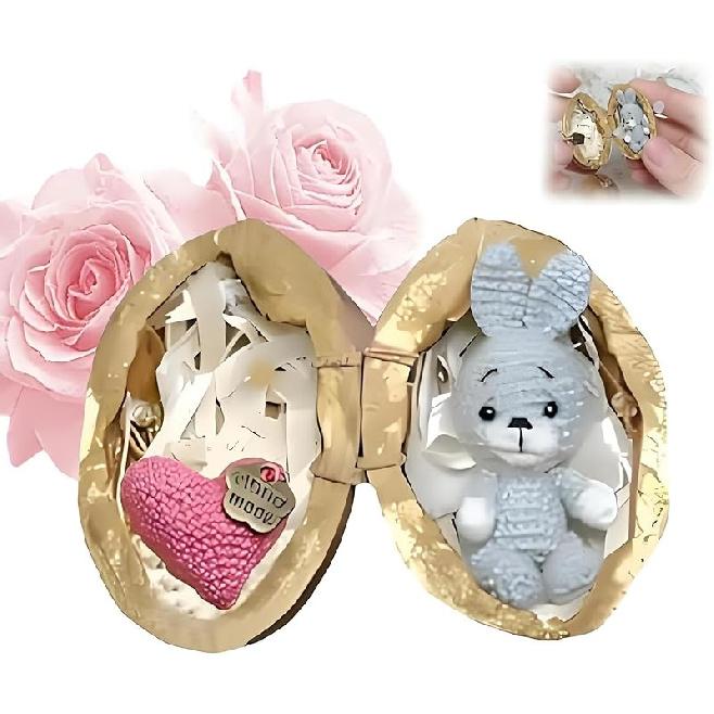 Handmade Crochet Animal in Walnut Shell,2025 New Mini Crochet Bunny and Bear with Knitted Love Heart,Emotional Support Handwoven Gift for Animal