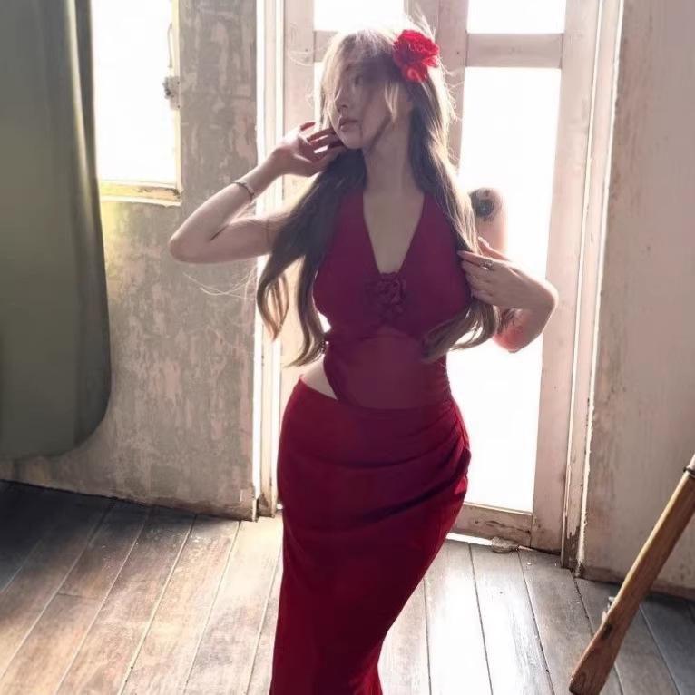 Red Flower Halter Neck Dress Women's Summer Dress Dress Pure Desire Slim Skirt Design Hip Wrap Long Dress