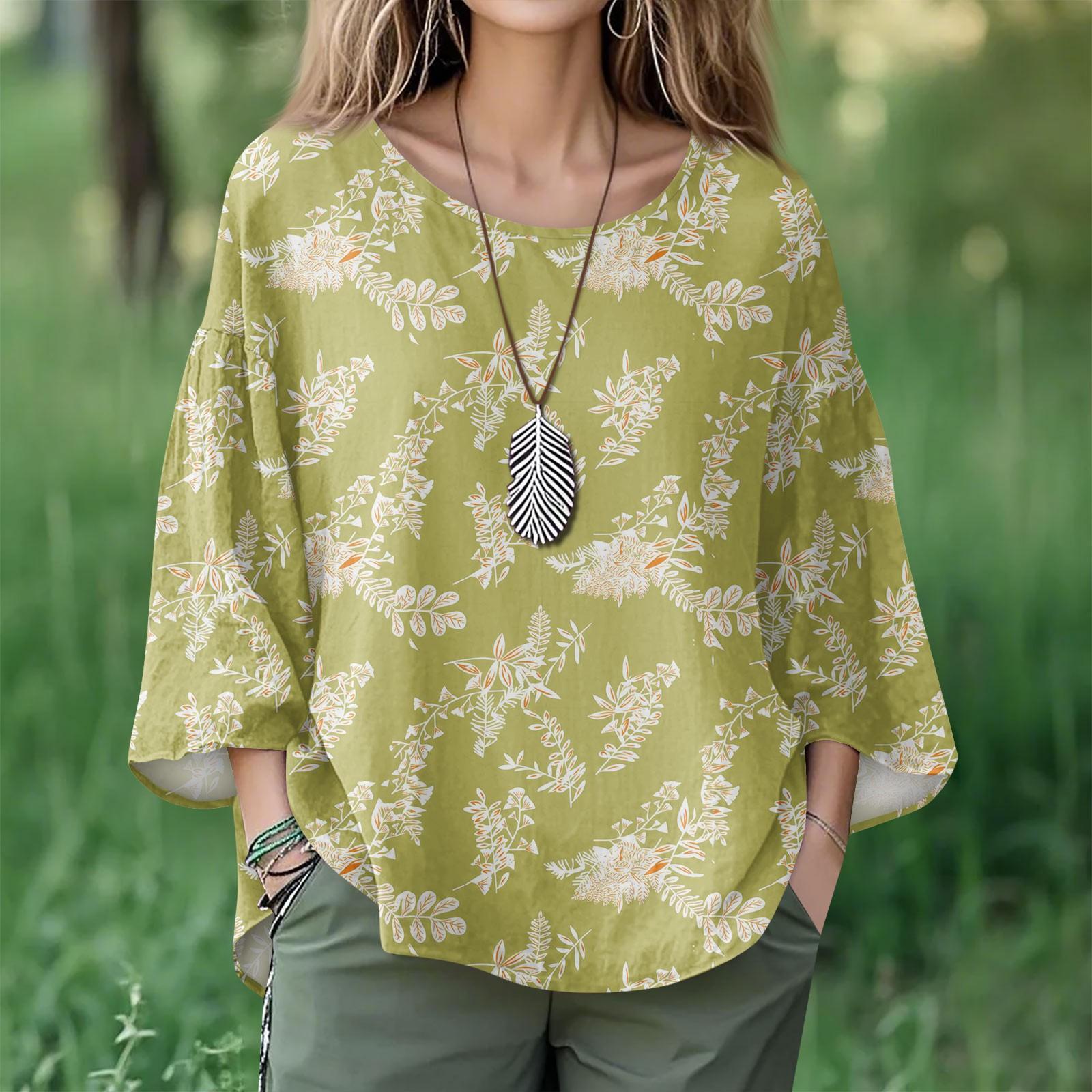 

Летние топы для женщин милые с круглым вырезом и рукавом 3/4 блузки с цветочным принтом топ повседневные рубашки XL жёлтый