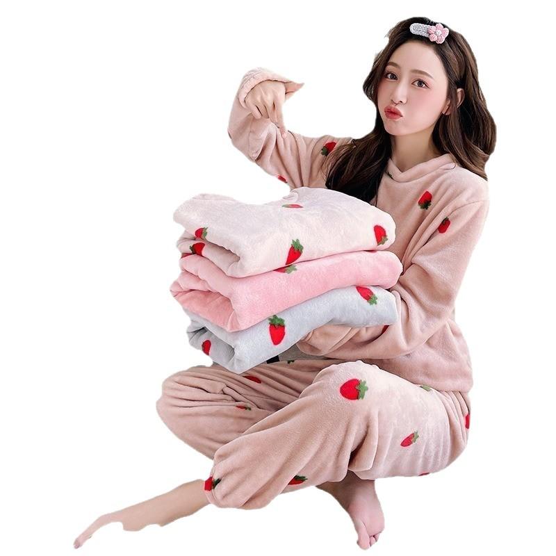 Women's Coral Fleece Strawberry Pajama Set - Cozy Warm Autumn/Winter Loungewear for Girls