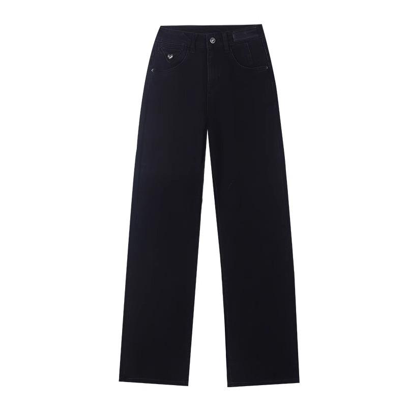 Women's High-Waisted Straight-Leg Black Jeans with Plus Velvet - Slimming & Wide-Leg, Petite Fit, Spring/Autumn 2025.