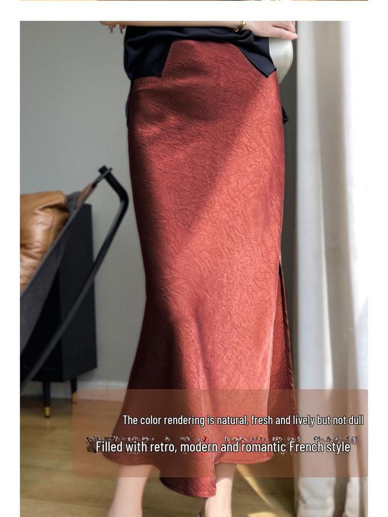 Fustă plisată din mătase de calitate superioară pentru femei, cu model coadă de pește - Vara 2024, culoare uni, talie înaltă, design cu crăpături.