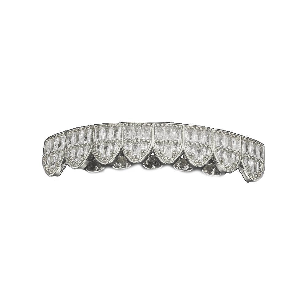European and American Trendy HIOHOP 18K Gold Plated Hip Hop Grillz with Copper Inlaid Square Rhinestones.