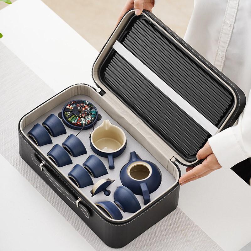 Portable Japanese-Style Ceramic Tea Set With Carry Case Minimalist Travel Cups Tray Office Outdoor Use