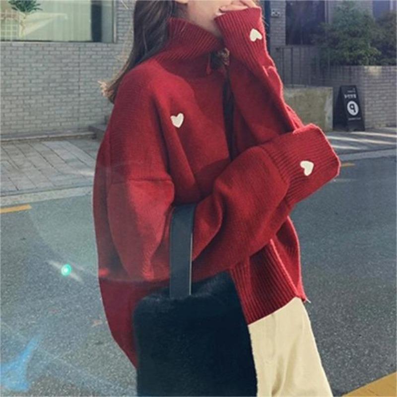 Autumn and winter new pullover sweater women's turtleneck loose and versatile love knitted sweater lazy style top tide
