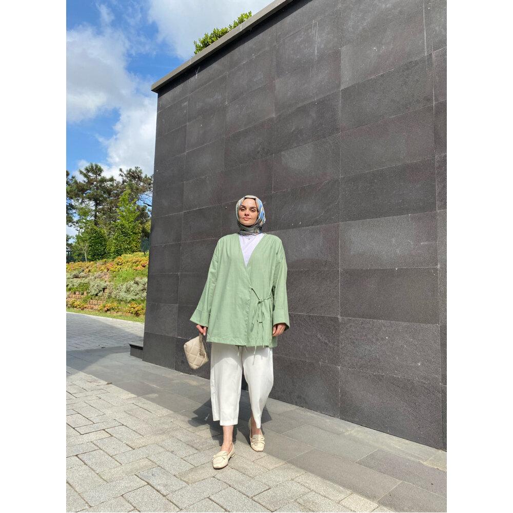 

Дизайнерская куртка оверсайз с завязками, зеленая, высококачественная льняная ткань, удобная шнуровка, без пуговиц