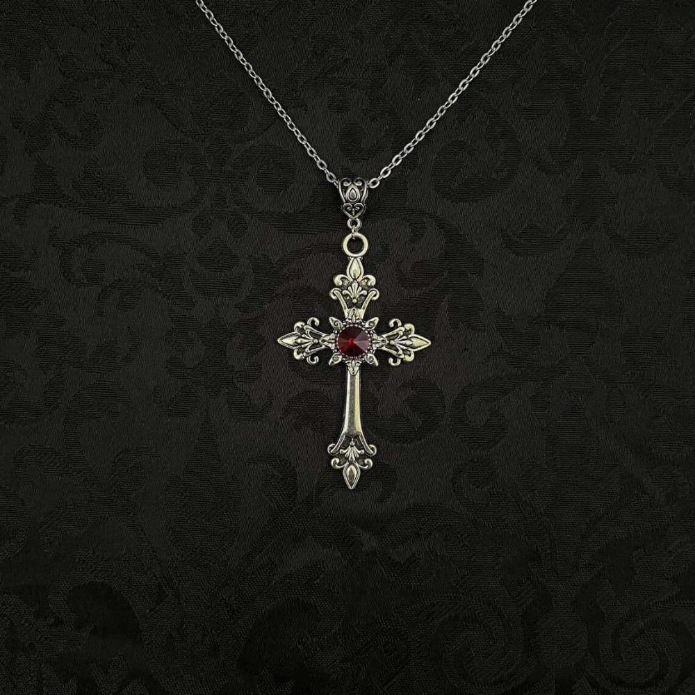 Gothic Victoria Red Crystal Cross Pendant Necklace for Men Women Personality Punk Hallowmas Party Vampire Jewelry Accessories