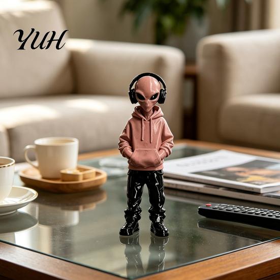 Cyber Atmosphere Interior Decor 3D Printed Alien Figurine with Hoodie And Headphone, Trendy Desktop Desk Ornament, Style Statue for Gaming Room