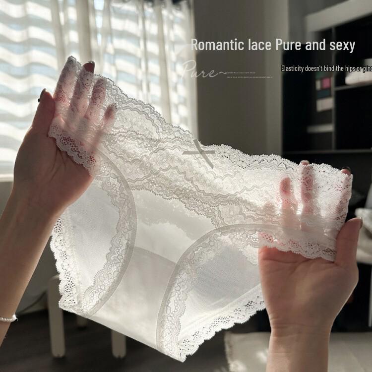 2025 Women's High-End French Lace Panties - Satin Ice Silk, Seamless, Mid-Low Waist, Plus Size