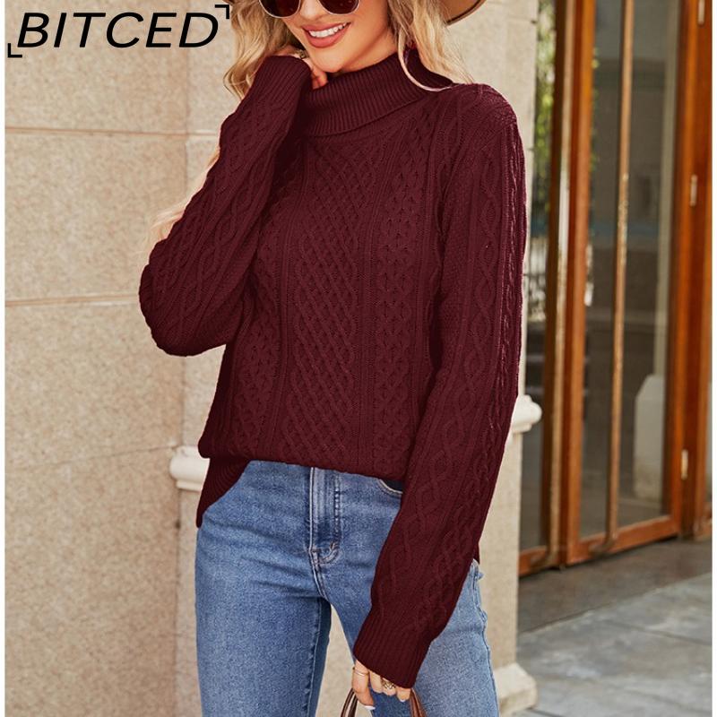 BITCED Women's Autumn/Winter Solid-Colour Knitted Top with High-Neck Cable-Knit Sweater Elegant High-Neck Base Layer