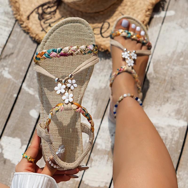 Fashion Zoki Fashion Flowers Bohemia Sandals for Women 2025 Summer Woven Band Flats Sandals Woman Non Slip Beach Sandles Plus Size 43