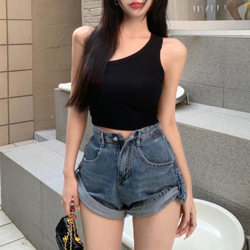 Camisole d'été pour femmes, épaules diagonales, haut polyvalent, nombril ouvert, haut court