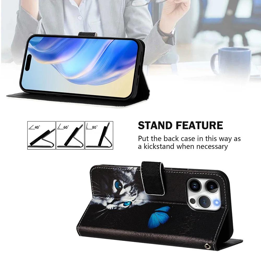 Coloured Drawing Wallet Case for iPhone 16E SE3 SE 8 7 6 6S Plus 16 Pro Max Shockproof Stand Card Holder Strap Flip Phone Cover