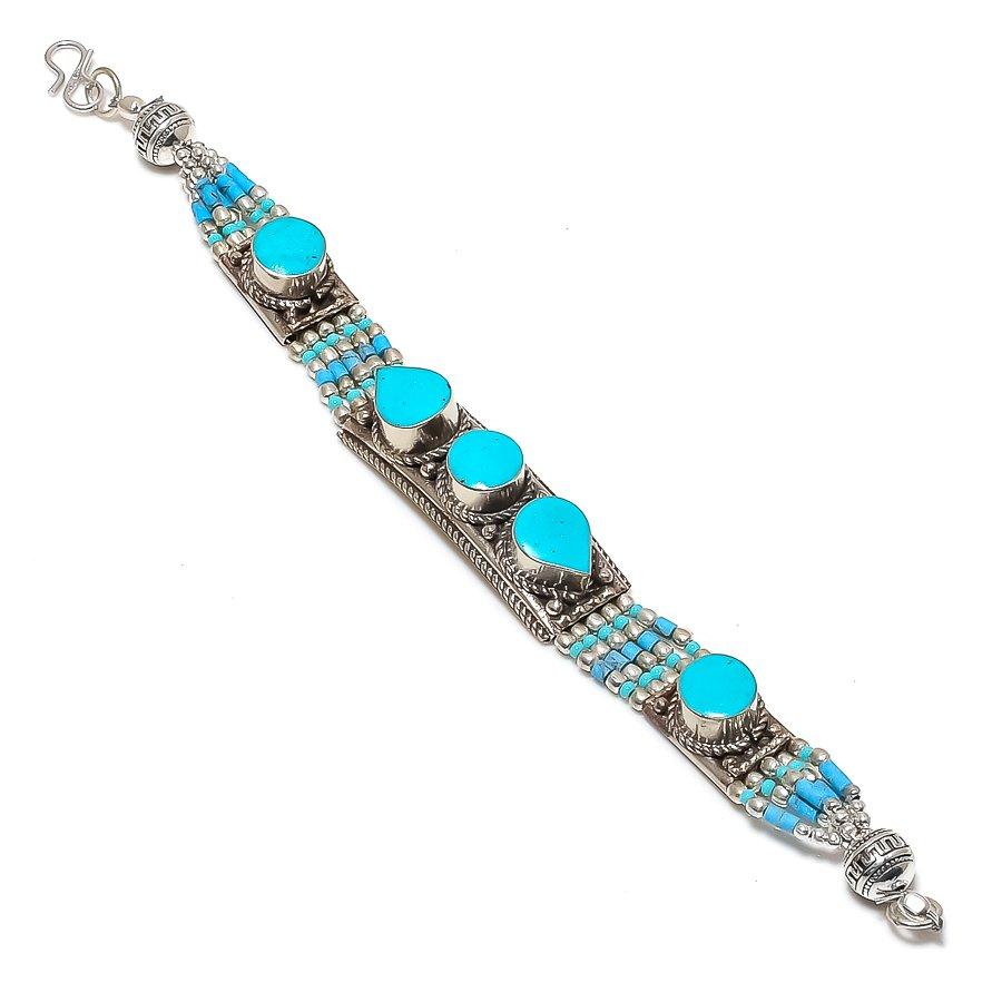 

Natural Tibetan Turquoise Gemstone 925 Sterling Silver Bracelet 7-8 y1m88