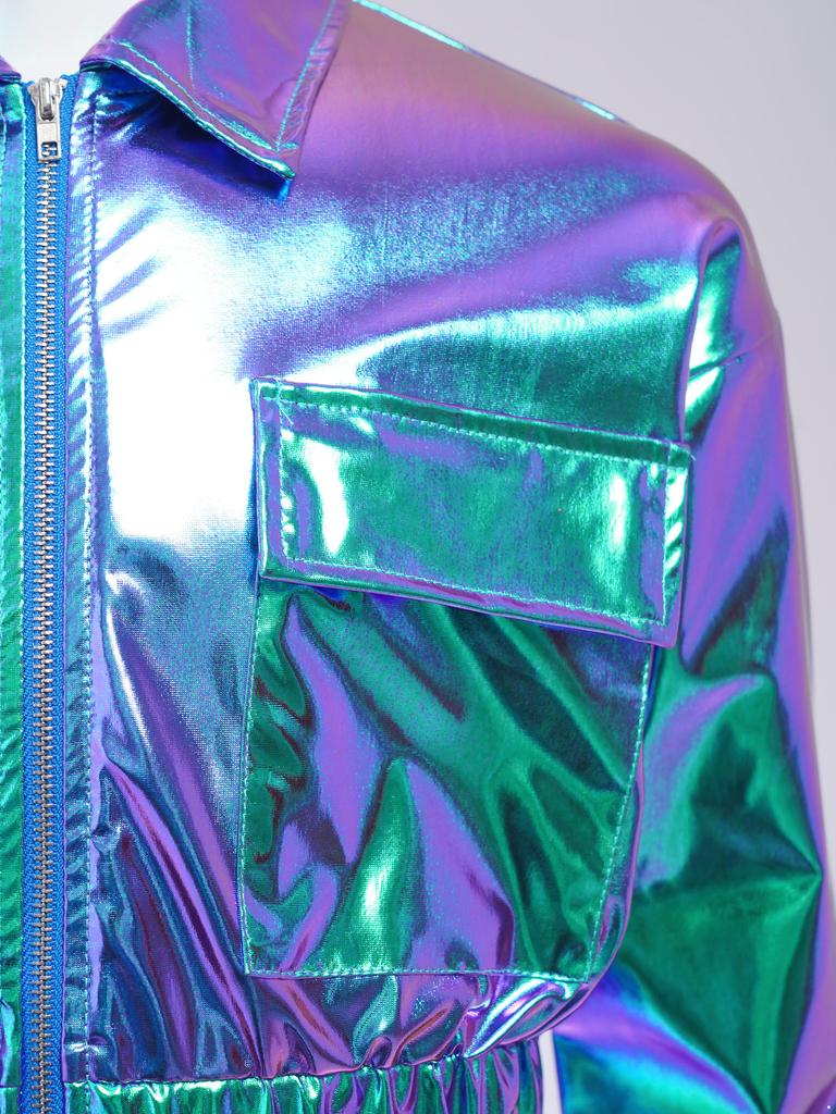 Unisex Kids Metallic Shiny Jacket Turn Down Collar Long Sleeves Flap Pockets Dance Coat