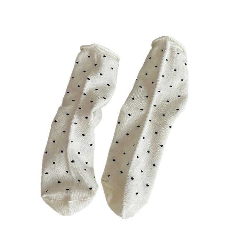 Women's Mid-Calf Rolled Hem Polka Dot Cotton Socks, Breathable & Anti-Odor, Japanese Style.