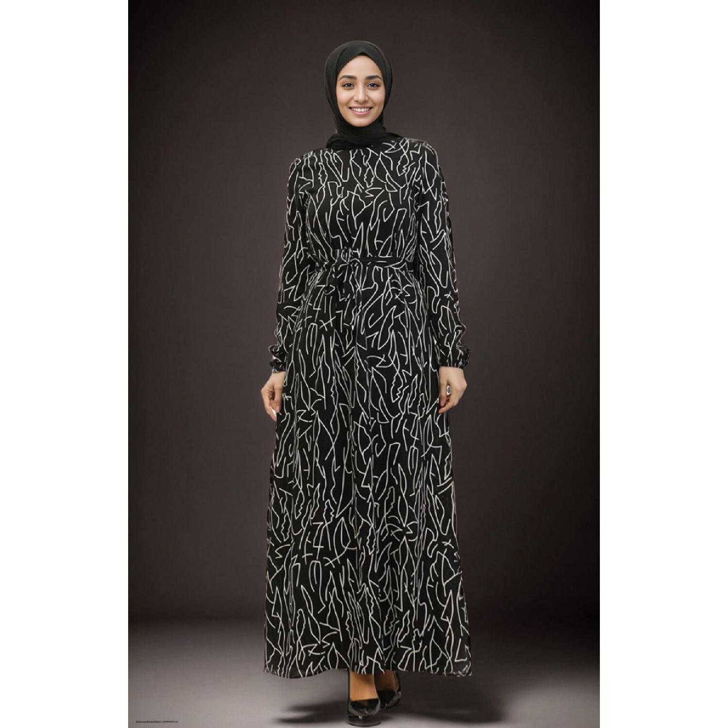 

Сукня з віскози зі змішаним візерунком з поясом 38-40 синьо сірого кольору