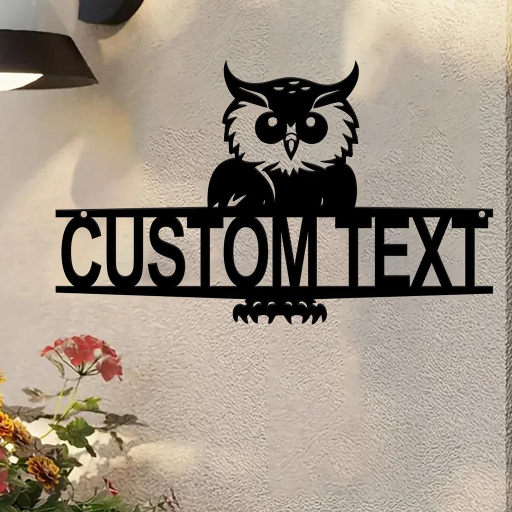 Owl House Number Sign Personalized Metal Plaque Outdoor Wall Decor