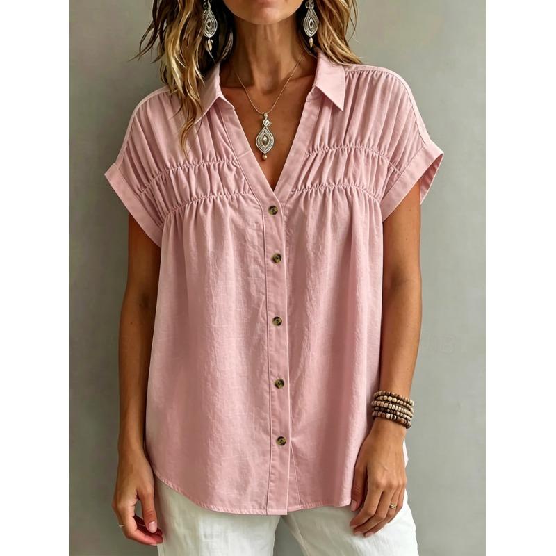 V Neck Loose Solid Button Pleated Short Sleeve Women Casual Blouse