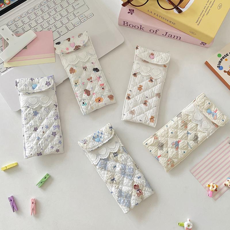 Kawaii Quilted Glasses Bag Cute Cartoon Eyeglasses Pouch Soft Cotton Sunglasses Case With Heart Button Lace For Women Girls