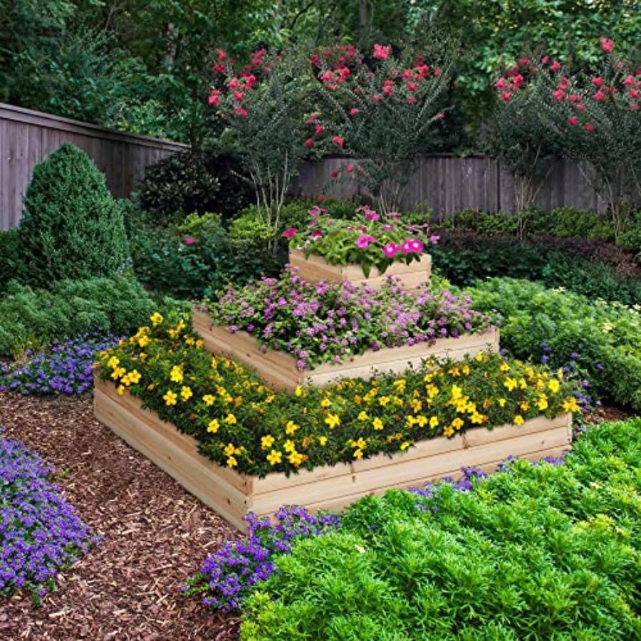 3 Tier Wooden Raised Garden Bed 44.5'' L×44.5'' W×20.5'' H for Flowers/Herbs/Vegetables with Open Bottom Planter Natural Wood C