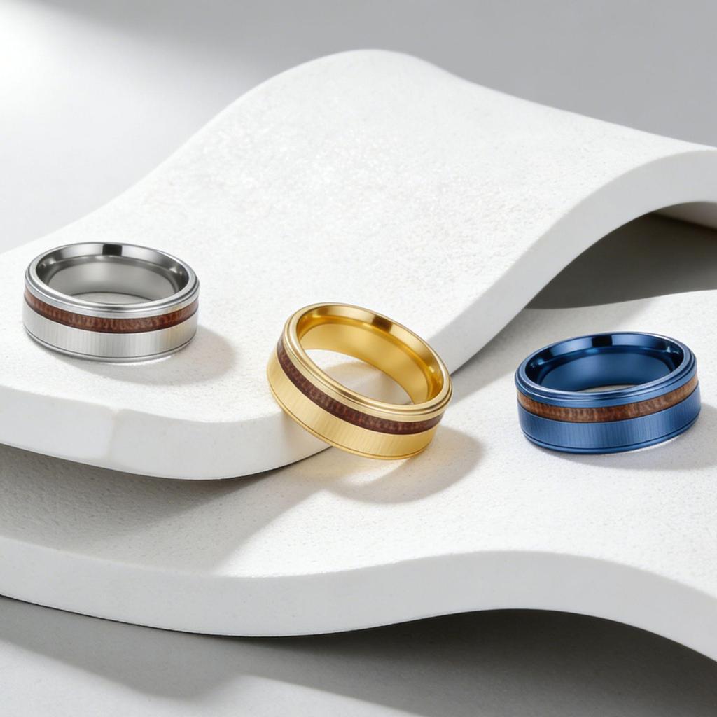 8mm Acacia Wood Inlaid Titanium Steel Men's Ring - Durable, Fade-Resistant Wood Grain Design