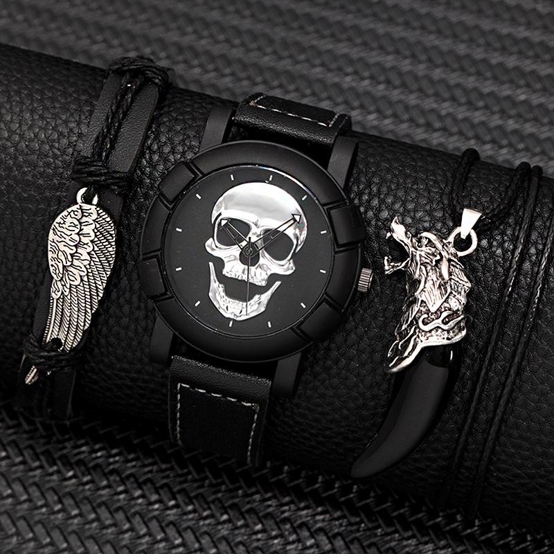 Black Skull Dial Quartz Watch & Bracelet Set (3-Piece)