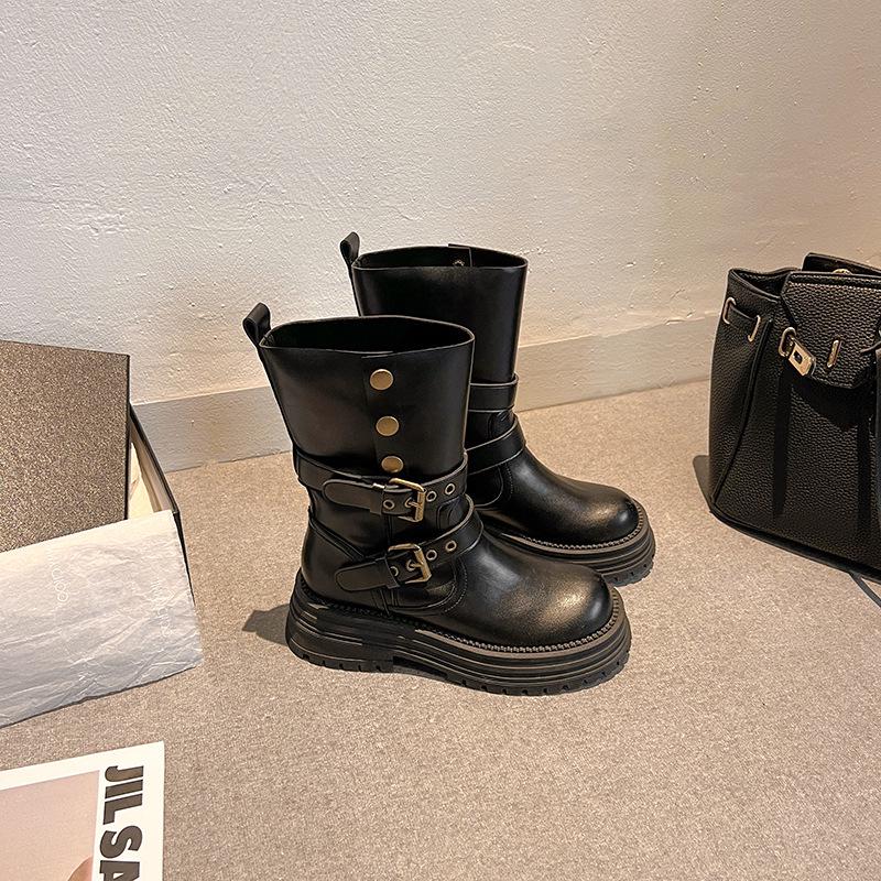 Women's Y2K Suede Ankle Cowboy Boots with Buckle Design, Thick Soles, and Round Toes.