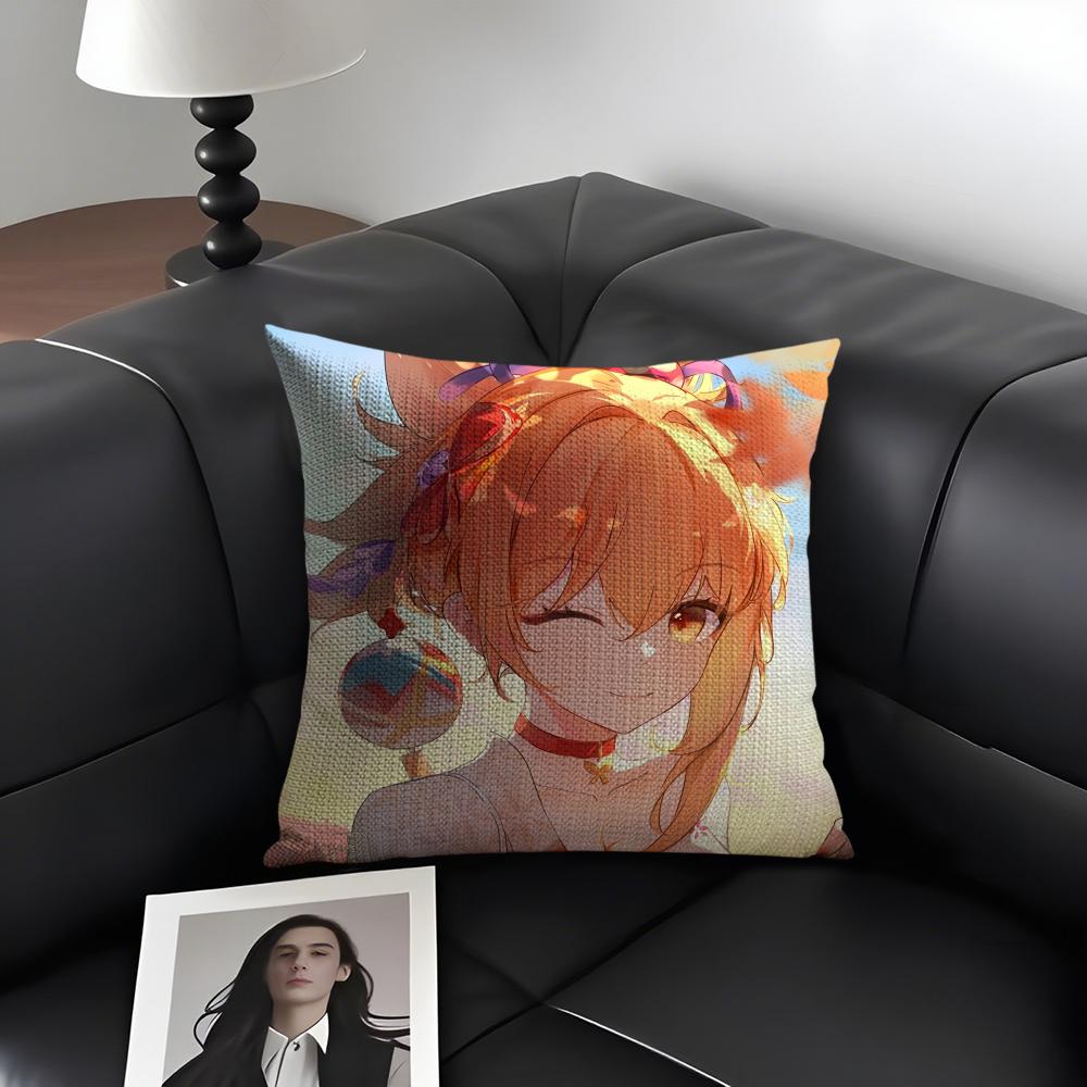 Yoimiya Genshin Impact Cute Cushion Cover Natural Linen Organic Fabric Double-Sided Printing Sofa Home Decor Gift Pillow Case