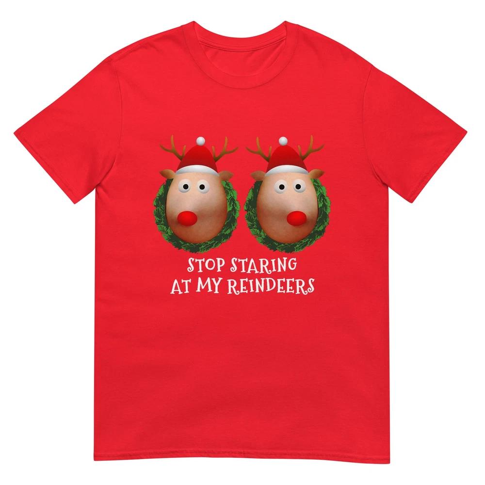 Stop Staring At My Reindeers Boobs Ugly Gag Xmas Sweater TShirt S