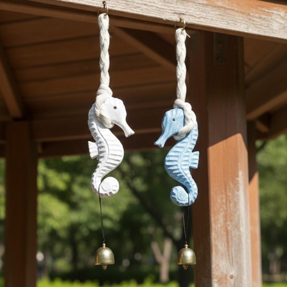 Rustic Style Seahorse Wind Chime Mediterranean Handcrafted Wooden Door Chimes Marine Themed Hand Carved Wall Hanging Ornament