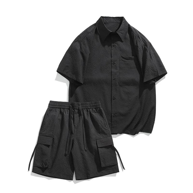2025 Summer Men Solid Color Shirt +Shorts Men Casual Two Pieces Sets Male Short Sleeve Shirts Shorts Man Tracksuits