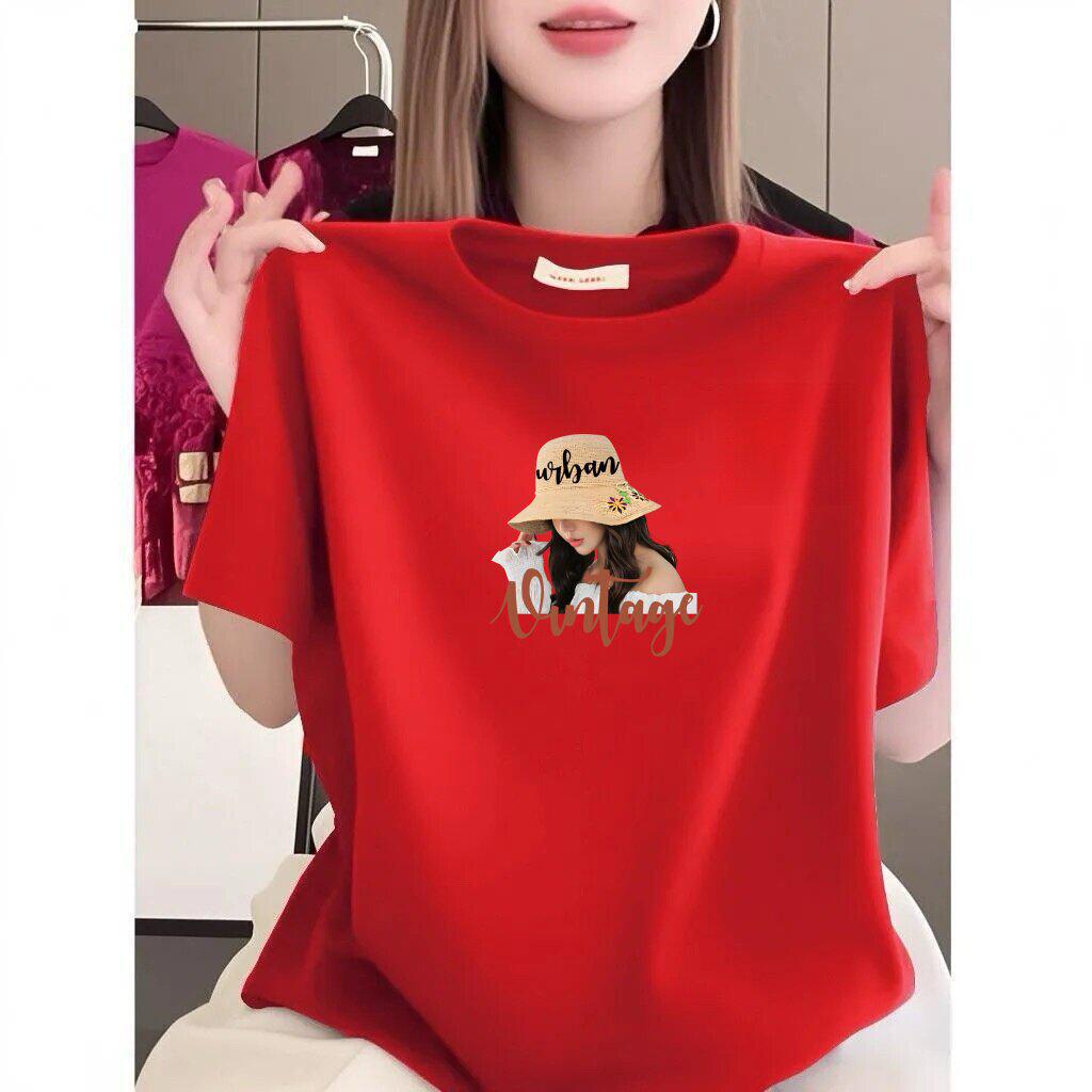 Korean Retro Print Loose Plus Size Women's T-Shirt, Round Neck, Short Sleeve, Slimming Style