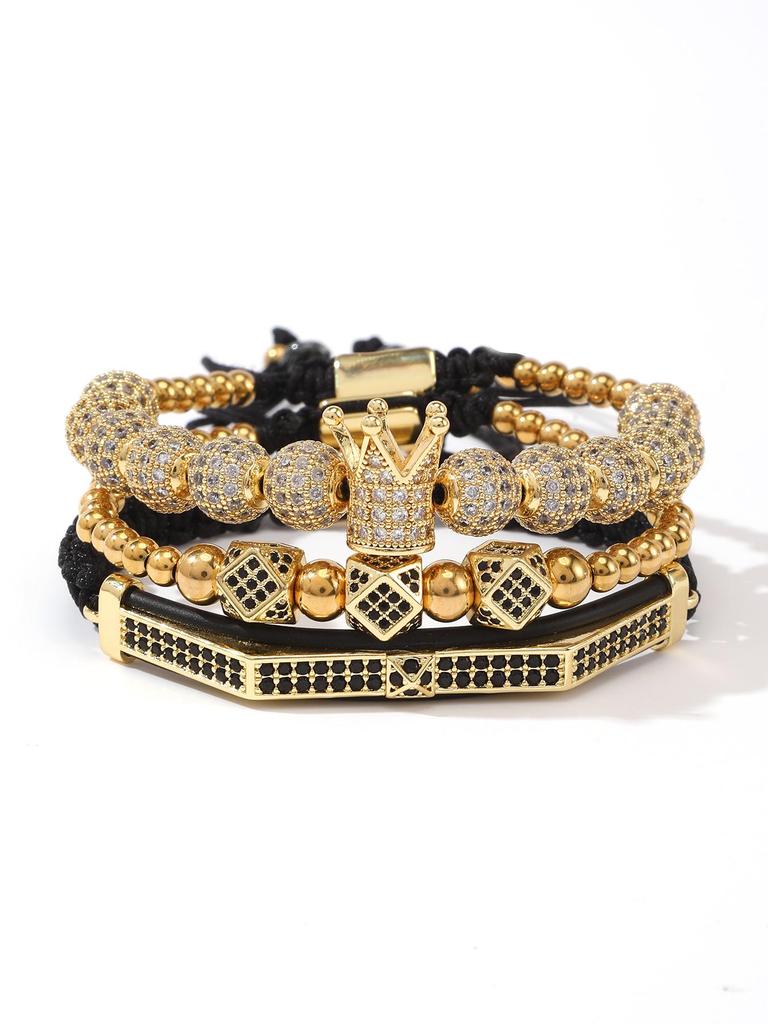 Men's Copper Zirconia Crown Ball Rhombus Double Row Crescent Bracelet Set