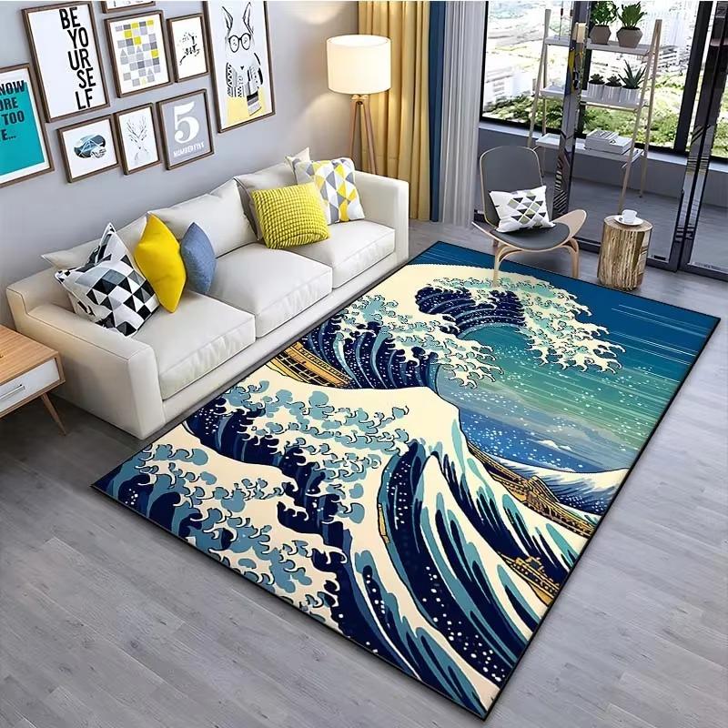 Japanische Kunst Kanagawa Wellen Teppich für Wohnzimmer Heimdekoration Großer Teppich Schlafzimmer Boden Teppich Rutschfest Leicht Waschbar Exquisit