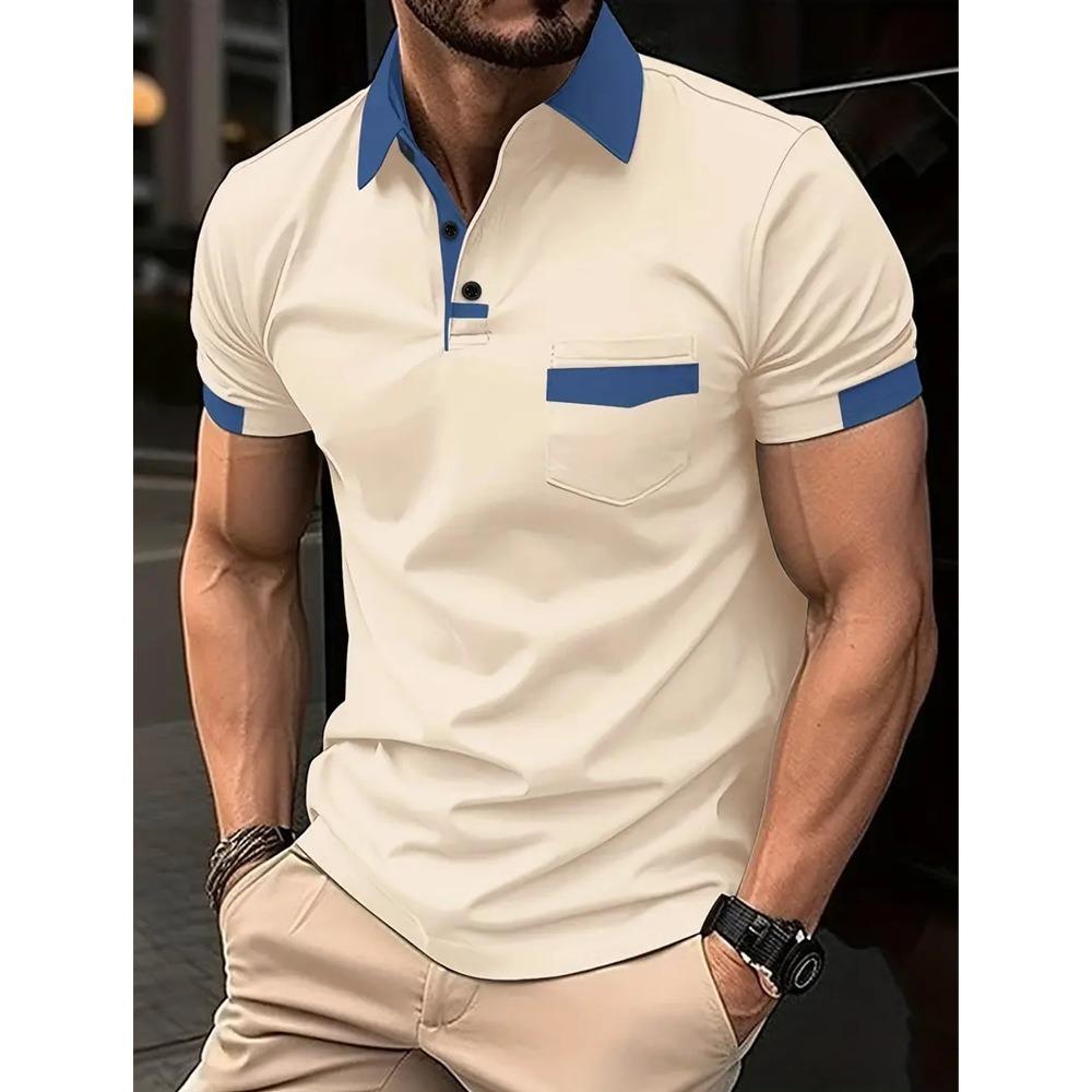 Men's Fashion T-Shirt: Colour-blocked Pocket Polo Shirt – New Relaxed-Fit Sports Top