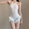 Lotus leaf lace one-piece swimsuit with French pearl decoration for slimming soaking in hot spring swimsuit