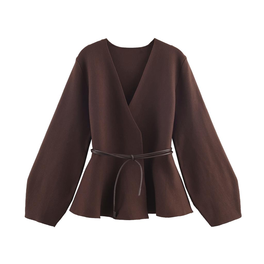 Módní pletená bunda s kulatým výstřihem a páskem