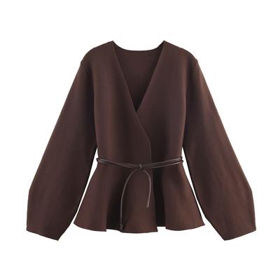 Fashion Crew Neck With Belt Knitted Jacket