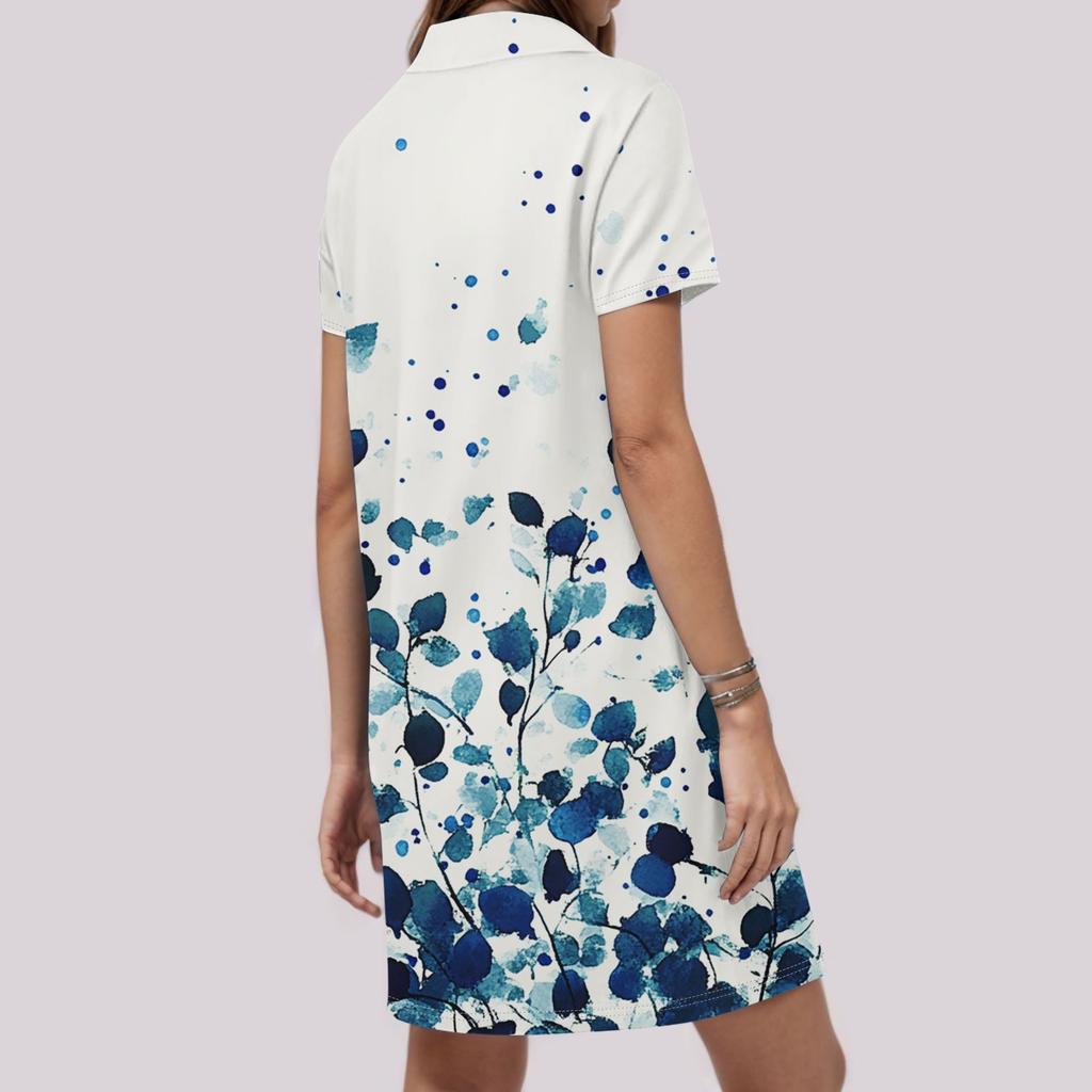 Ladies Casual Fashion Stand Collar Floral Print Short Sleeve Dress