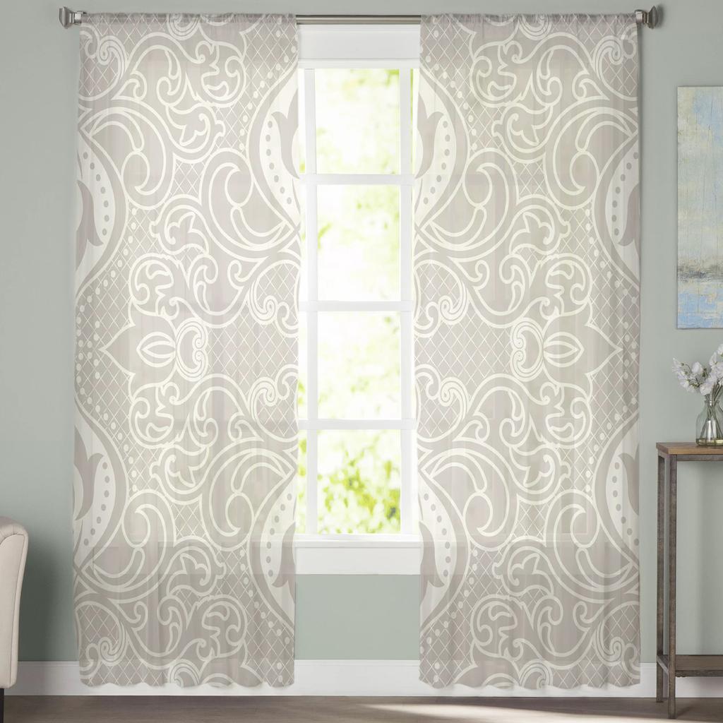 Artistico Beige Barocco Fiori retrò Tende in voile velate Trattamento per finestre Tenda in tulle in chiffon per cucina Soggiorno Camera da letto