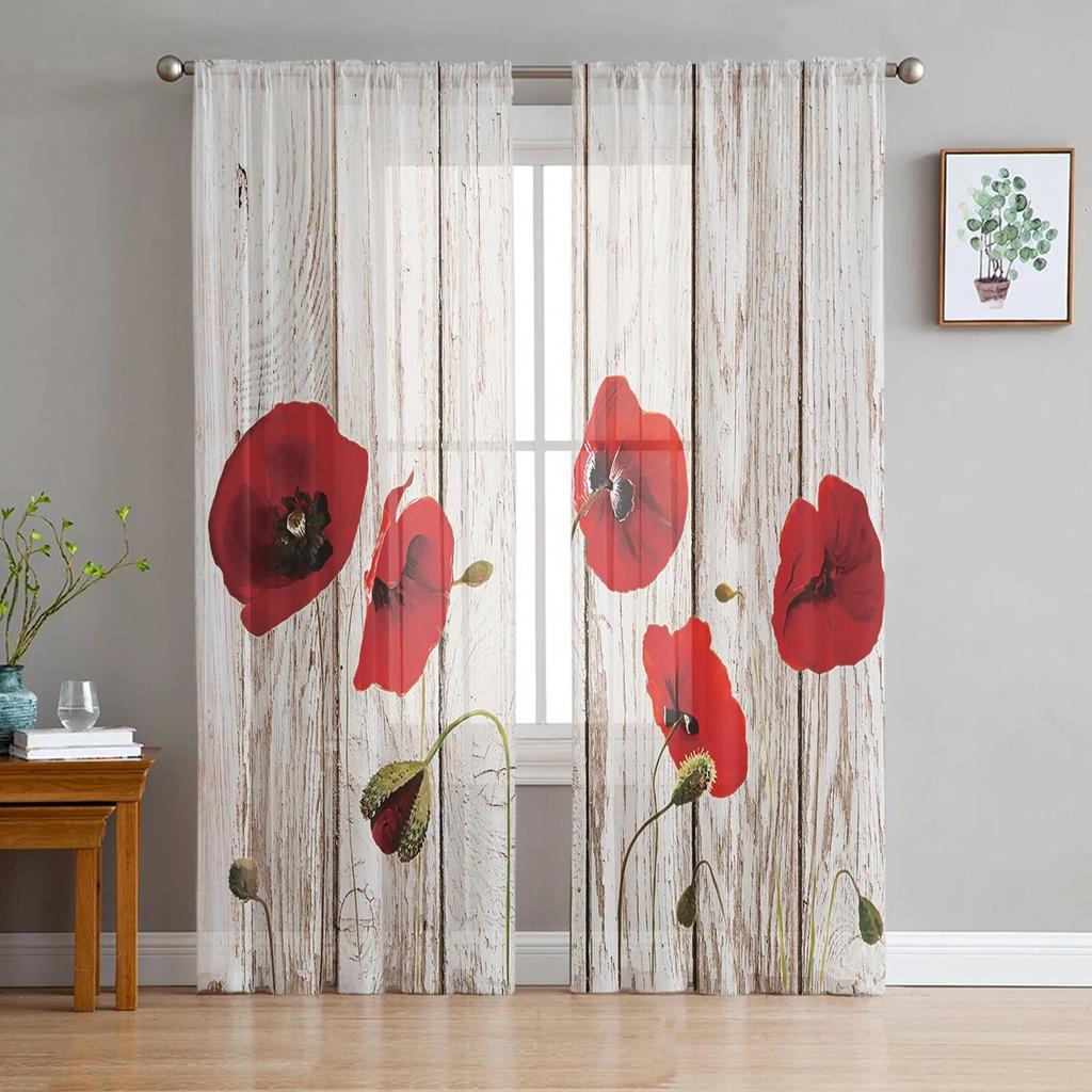 Ungdomssoverom Skjære Gardiner Retro Trefiber Røde Valmuer Kjøkken Arbeidsrom Gardiner Stue Høytidsdekor Tyllgardiner