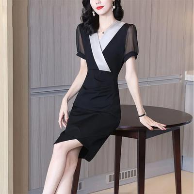 Dress Women's V-neck Hem Irregular Waist and Thin Temperament Black Package Hip Skirt One-step Skirt