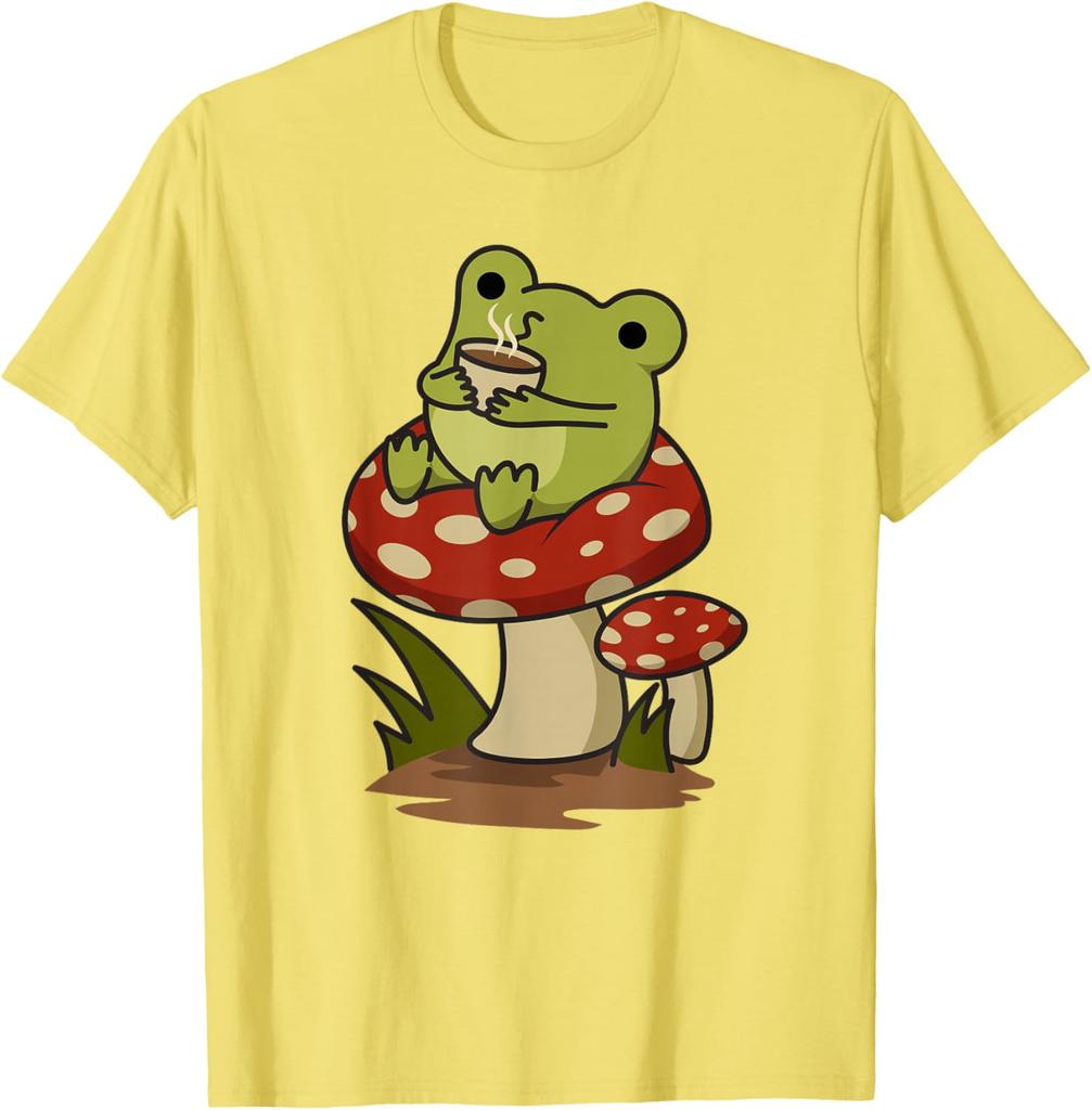 Cute Frog Drinking Coffee on Mushroom Cottagecore Aesthetic Graphic Tee Casual Cotton T-Shirt