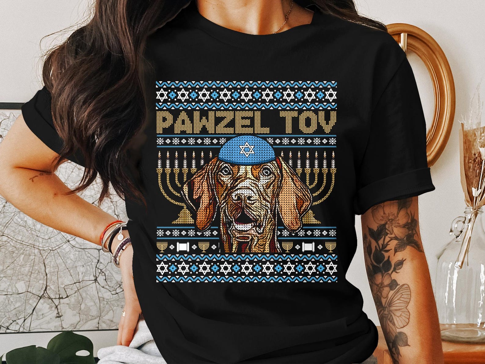 Cute Hanukkah Dog Shirt, Pawzel Tov Hanukkah T Shirt, Wirehaired Vizsla Hanukkah Gift, Funny Dog Menorah Shirt, Jewish Holiday Tee S